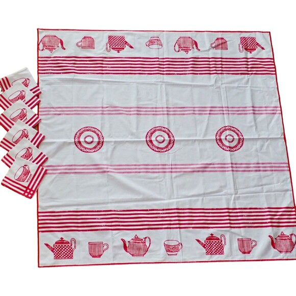 Designers Guild Tea Time Picnic Tablecloth 6 Tea Cup Napkins Made in the UK RARE - Picture 3 of 9
